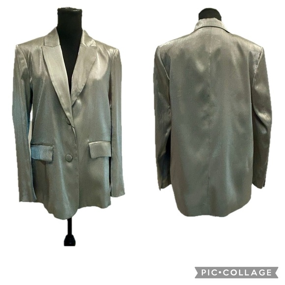 Zara silver metallic shimmer single breasted button front blazer jacket Sz S NWT - Picture 16 of 16